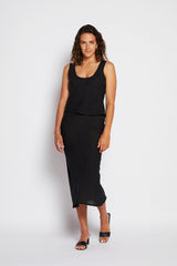 Crinkle Linen Bias Midi Skirt - Black